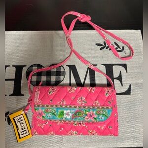 Maggi B Pink Quilted Floral Crossbody Wallet with Teal Trim